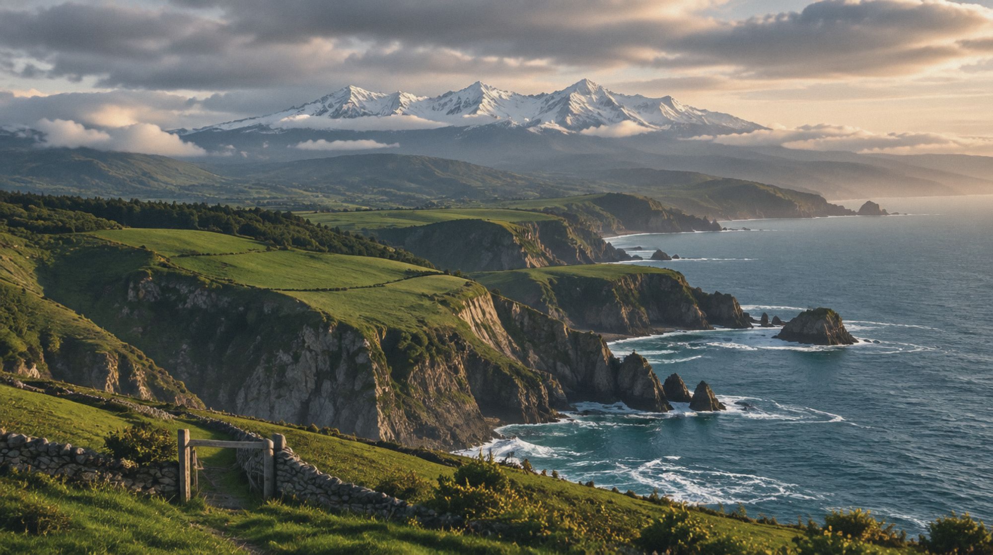 The green Atlantic coast of Asturias with the Picos de Europa beyond