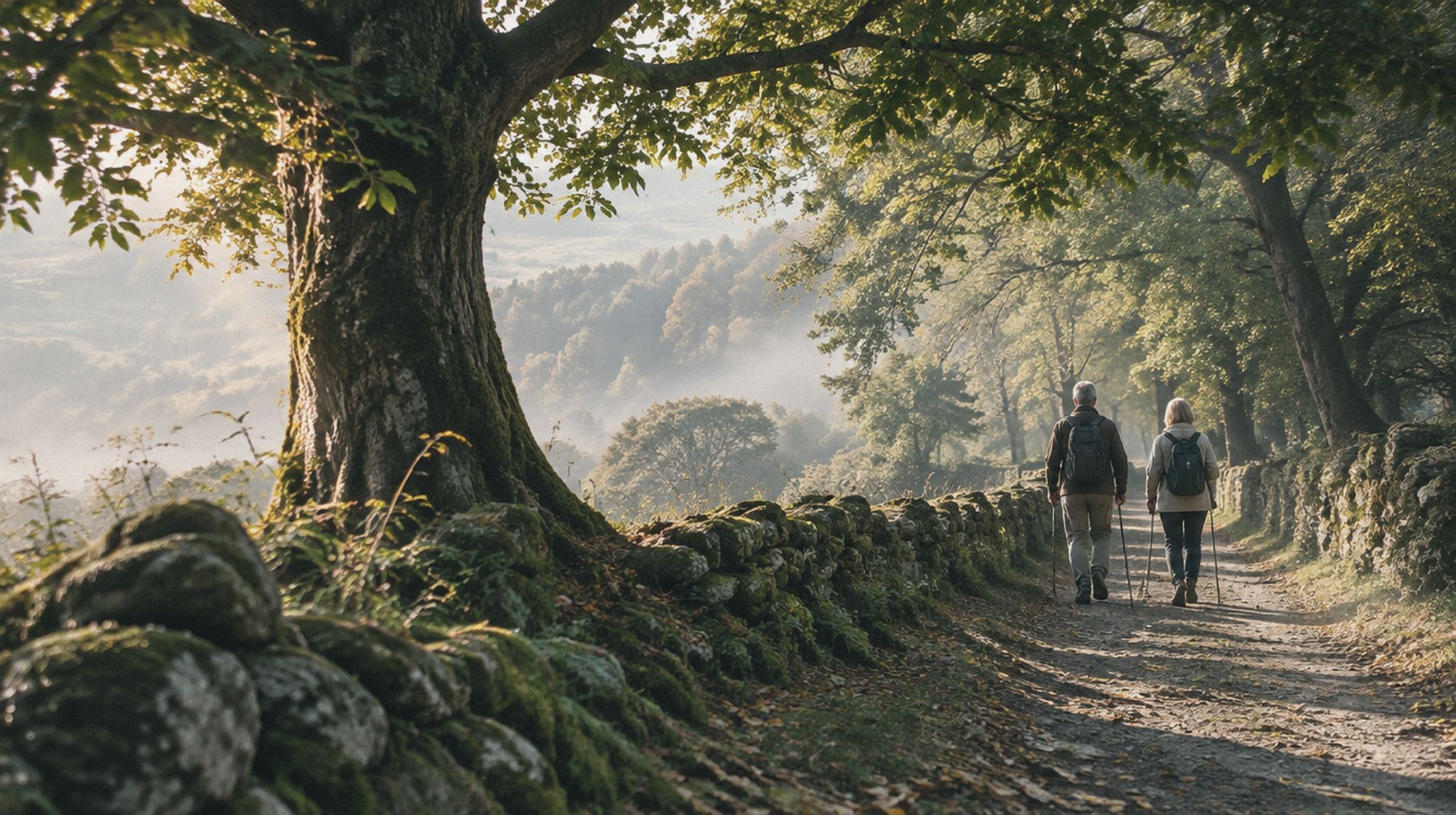 A couple walking the Camino de Santiago through an oak forest in morning mist