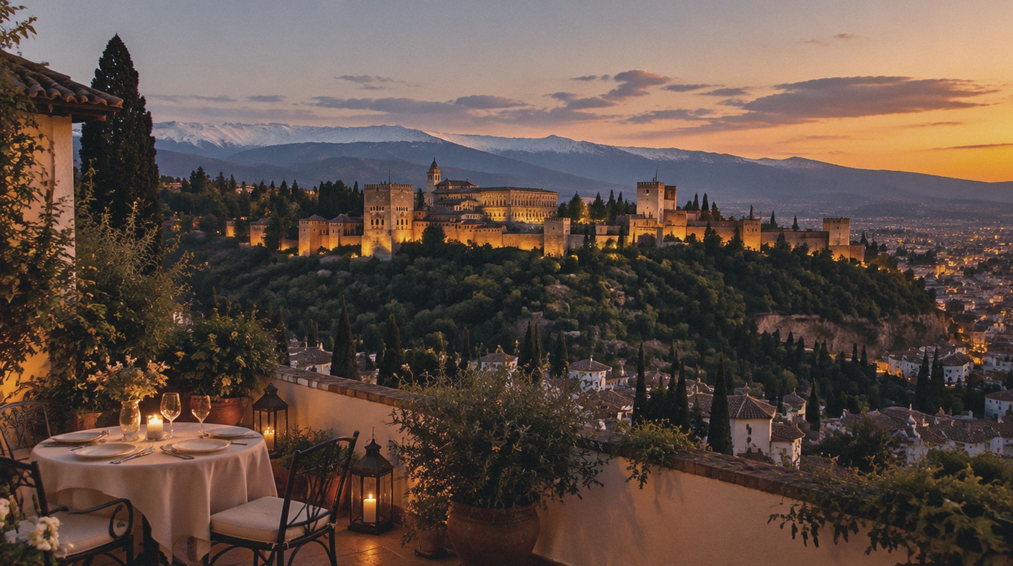 The Alhambra at sunset seen from a candlelit terrace table in the Albaicín