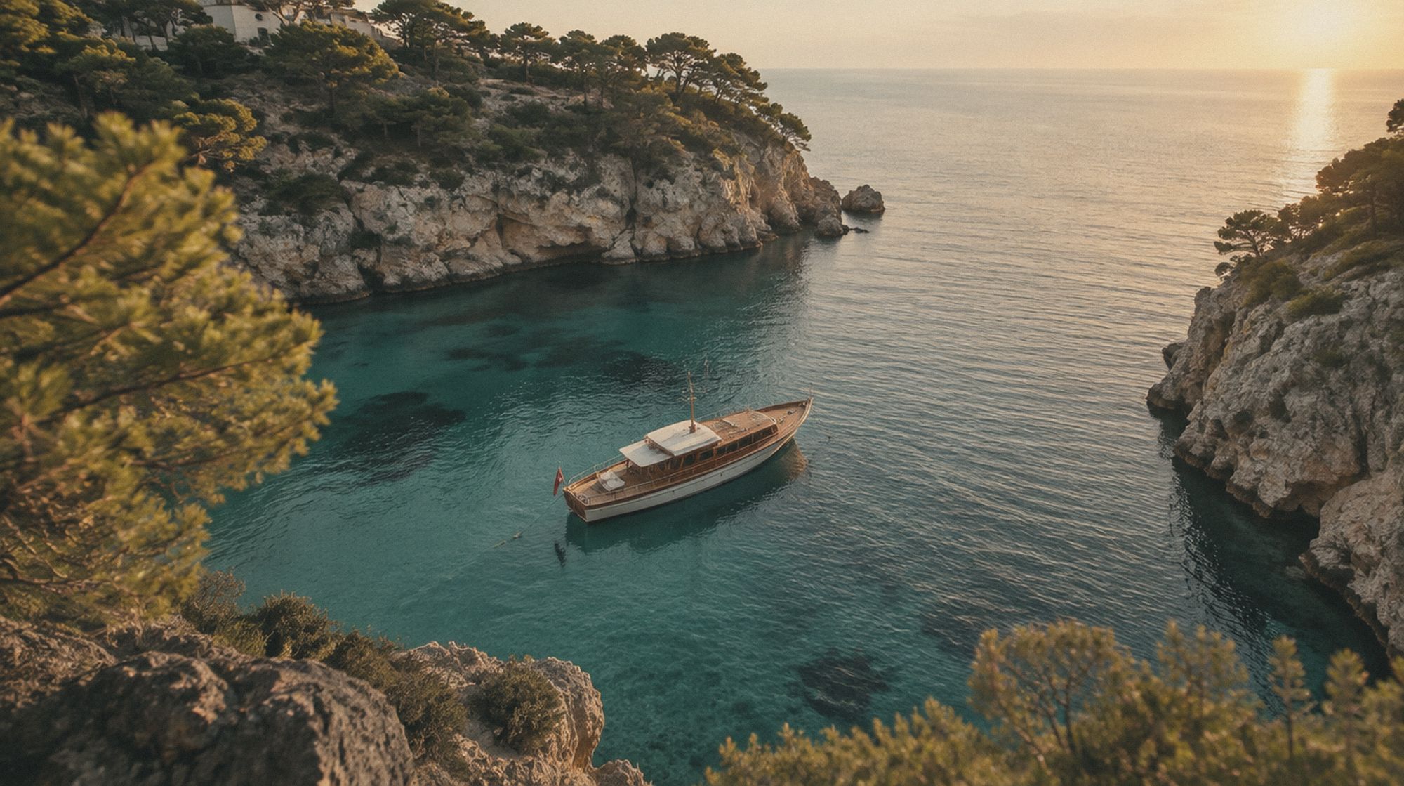 A classic motor yacht anchored alone in a turquoise Mallorca cove at golden hour
