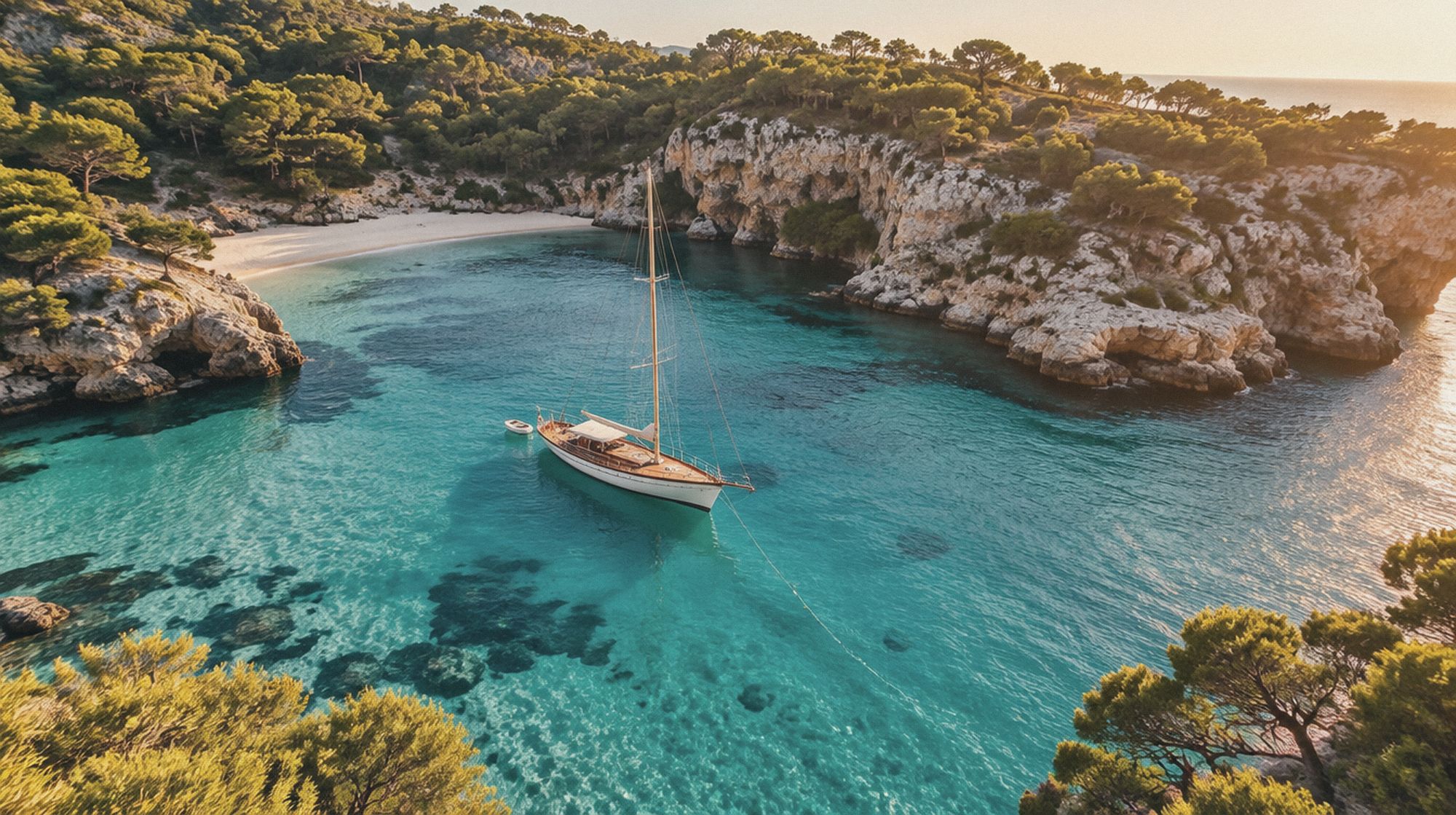 A sailing boat in a secluded turquoise cala in Menorca
